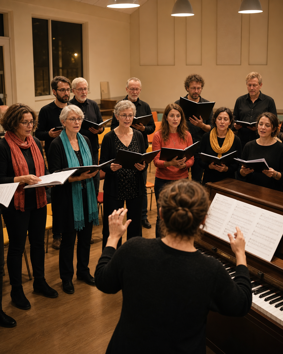Répétition d'un chœur autour du piano